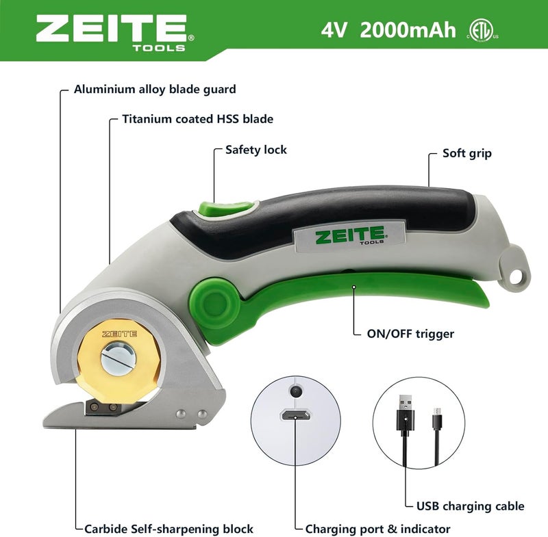 zeite 4V Cordless Scissors,Electric Cardboard Box Cutter with Titanium Coated HSS Blades,Ideal for Cardboard Leather Carpet Fabric Cutting and recycling,Storage Case - Image 2